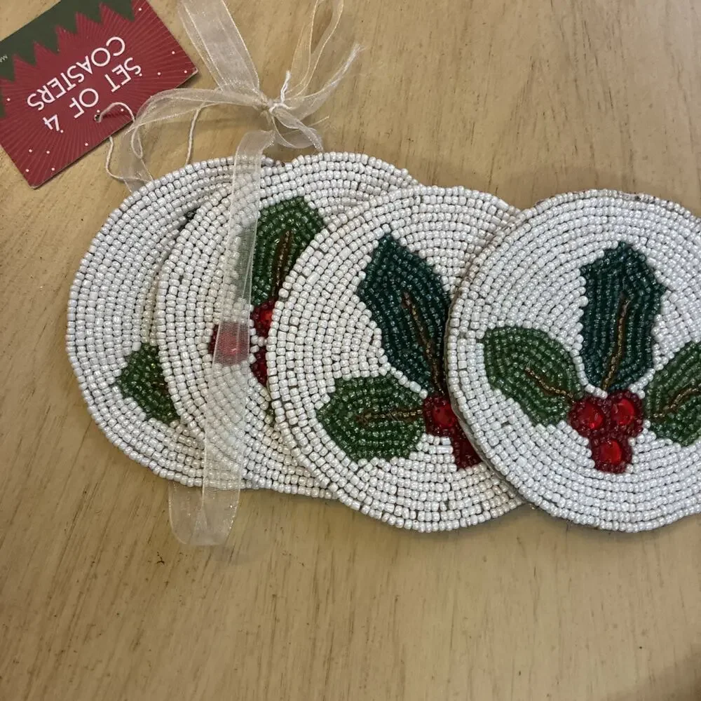 All Over Beaded Christmas Holly Berry Coasters Set of 4 Green Red White 4.5”